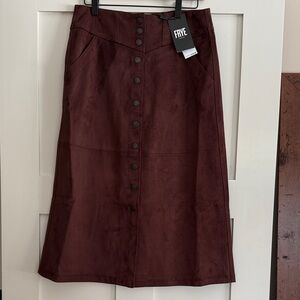 Frye Rich Chocolate Suede Midi Skirt with Button Detail